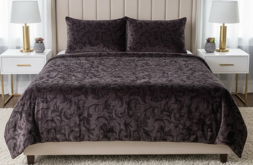 Winter Warm Premium Quality Deep Plum Embossed Velvet-Touch Bedsheet Set