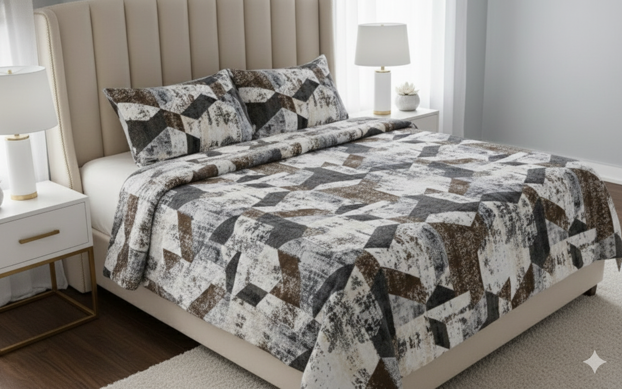 Winter Warm Premium Quality Modern 3D Geometric Prism Bedsheet Set in Earthy Grey & Walnut