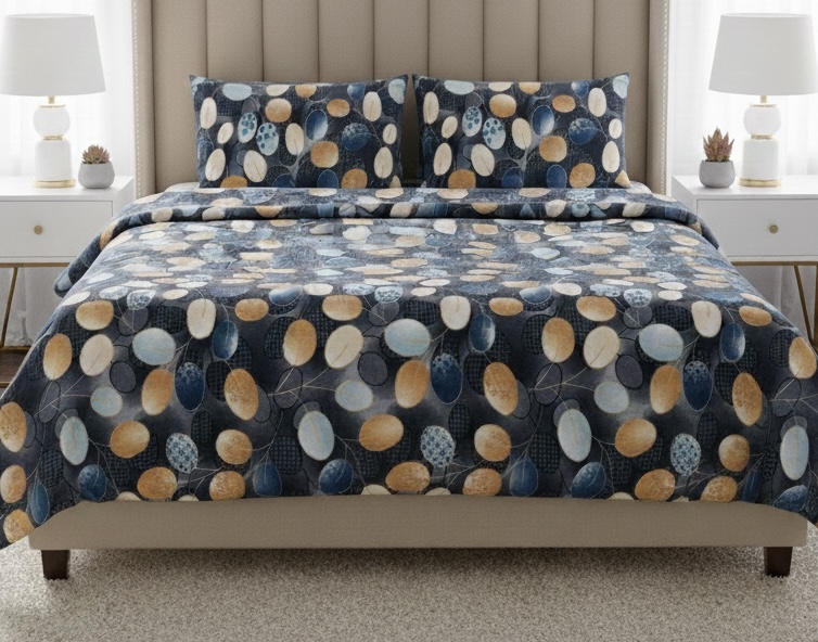 Winter Warm Contemporary Midnight Pebble Leaf Print Bedspread Set – Deep Navy with Gold & Sky Blue Accents