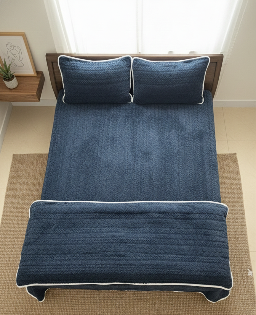 Winter Warm Luxurious Navy Blue Quilted Bedding Set