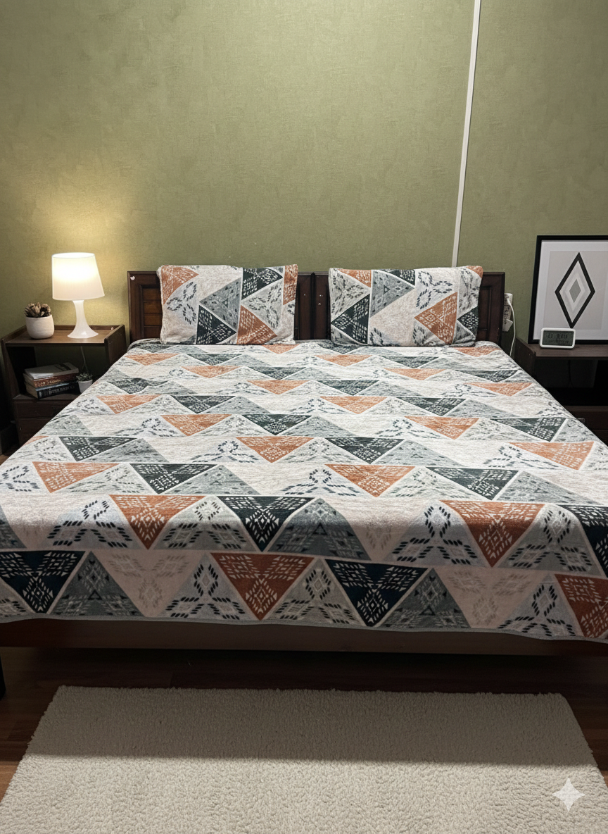 Winter Warm Geometric Patterned King Size Bedspread Set