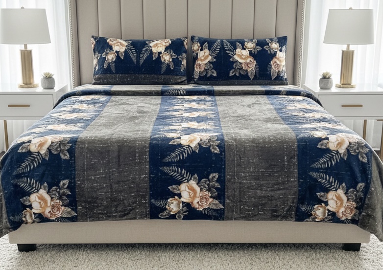 Winter Warm Premium Quality Vintage Charcoal & Crimson Floral Damask Bedsheet Set