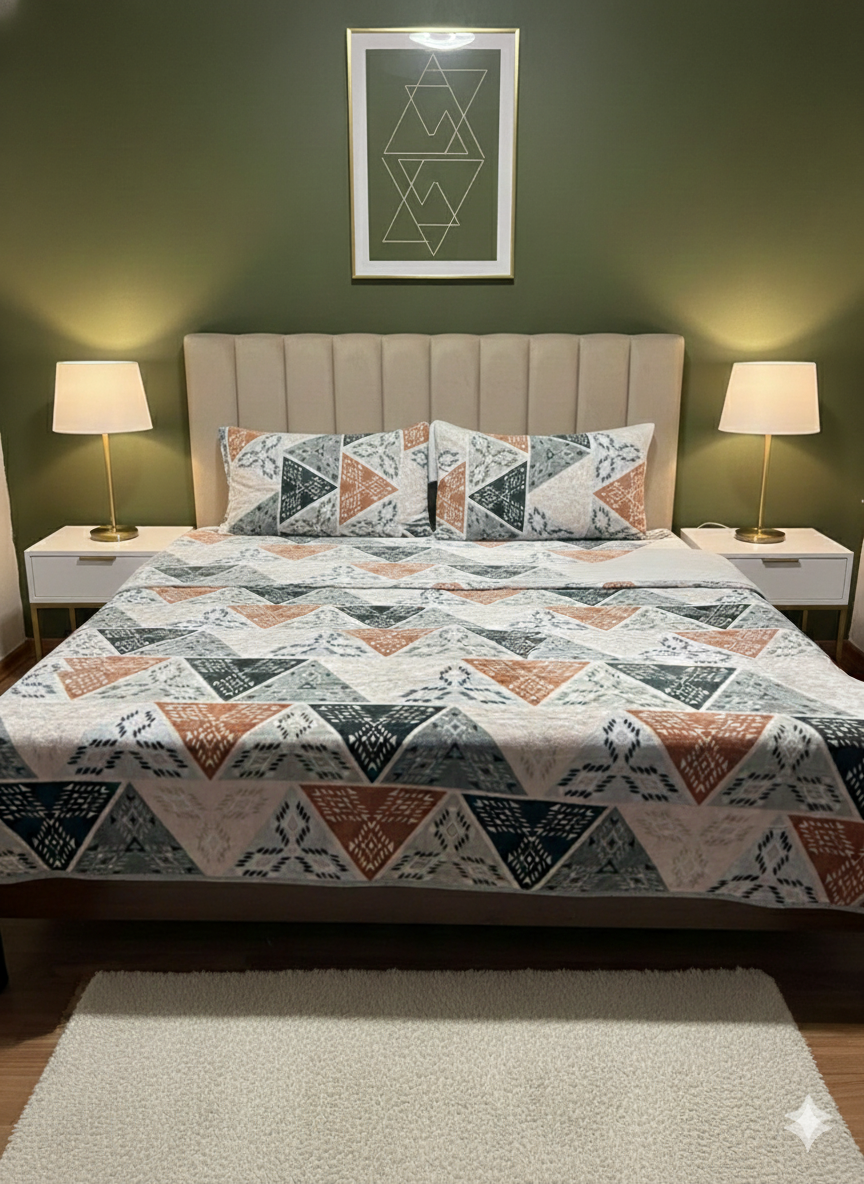 Winter Warm Geometric Patterned King Size Bedspread Set