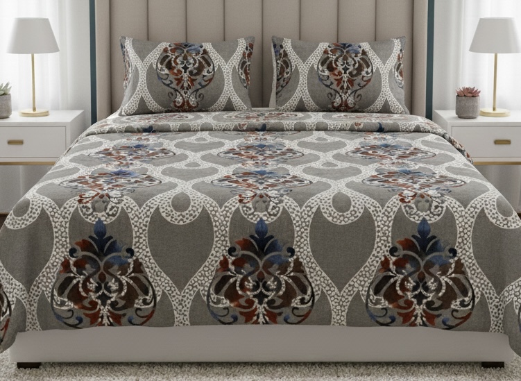 Winter Warm Modern Ogee Damask  Bedding Set – Slate Grey with Rust & Indigo Accents