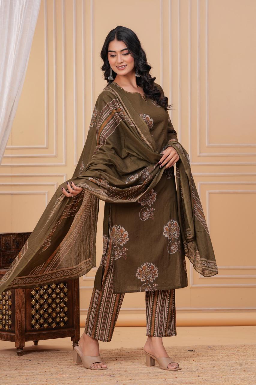 Elegant Olive Green Embroidered Three-Piece Suit