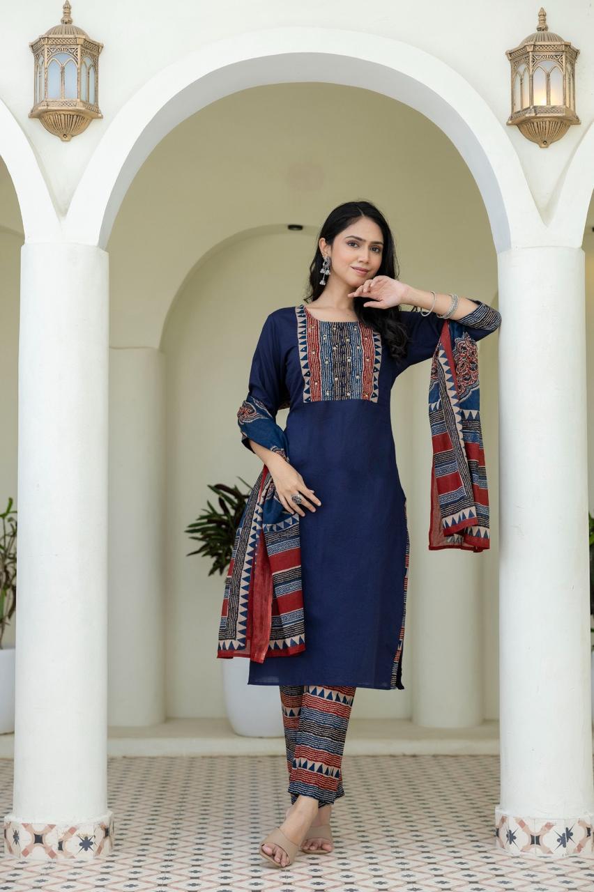 Elegant Navy Blue Printed Lawn Suit