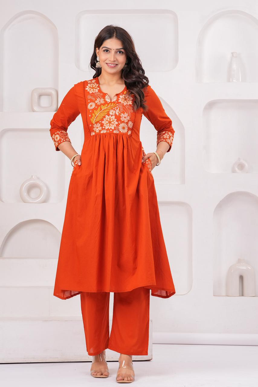 Elegant Orange Embroidered Suit