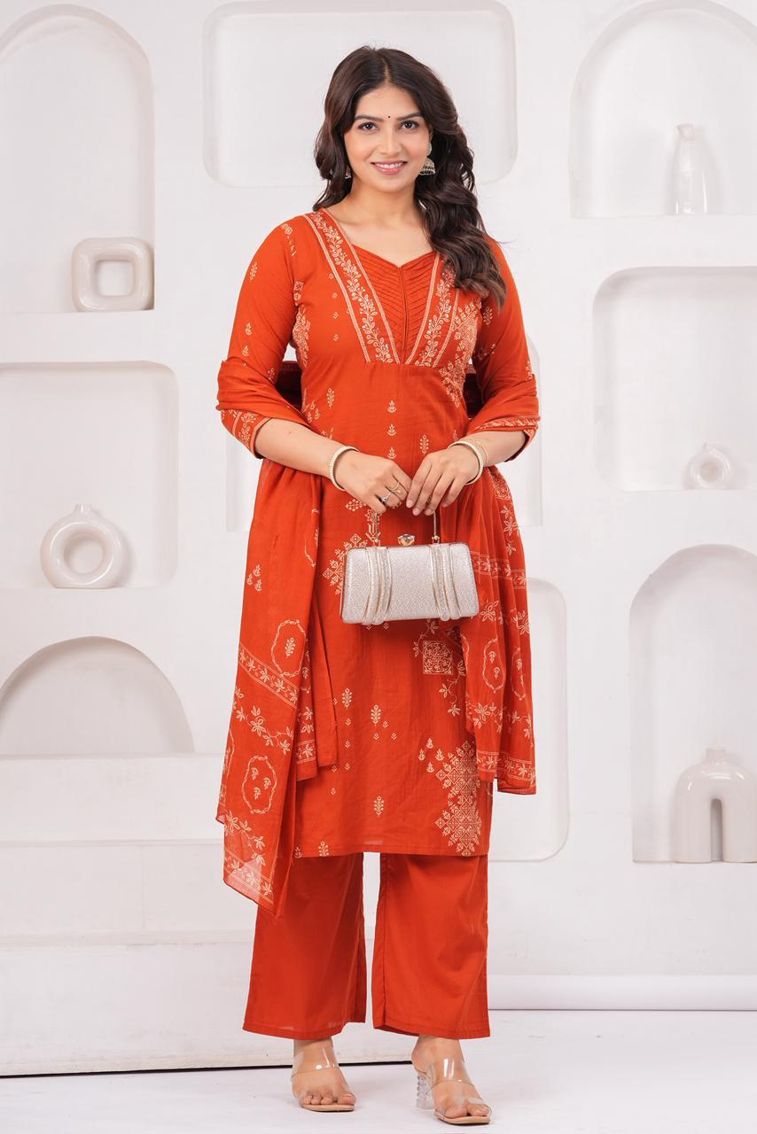 Elegant Orange Printed Kurta Set