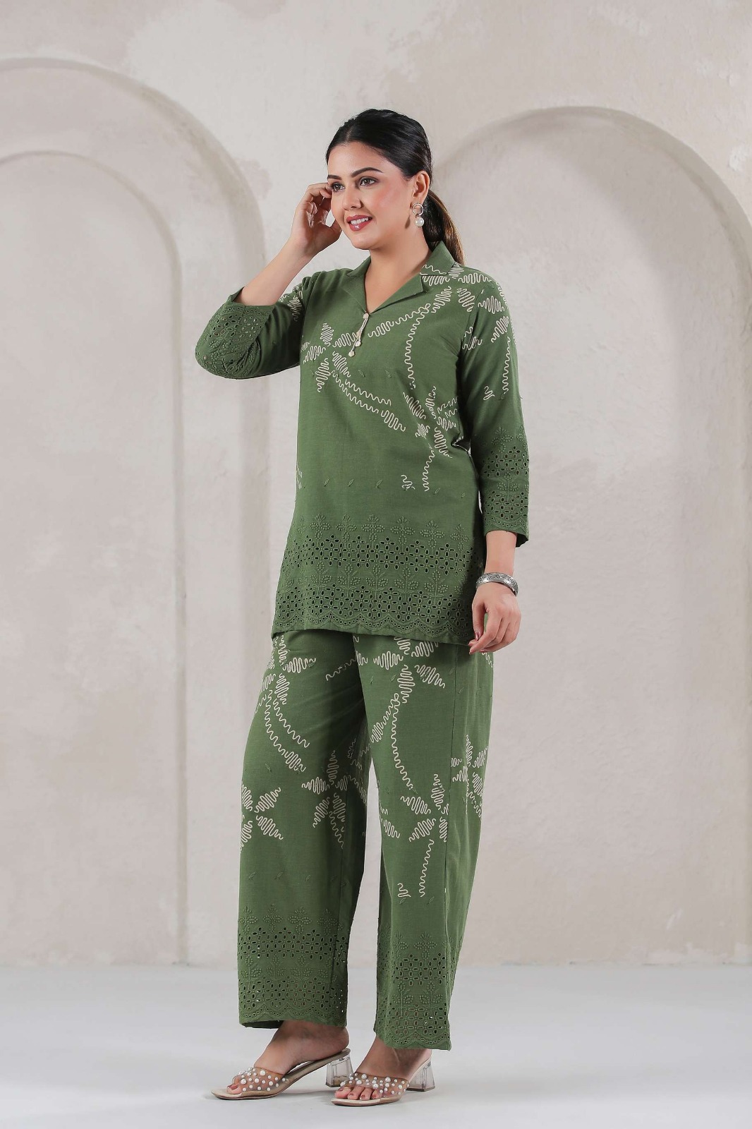 Green Embroidered Two-Piece Suit