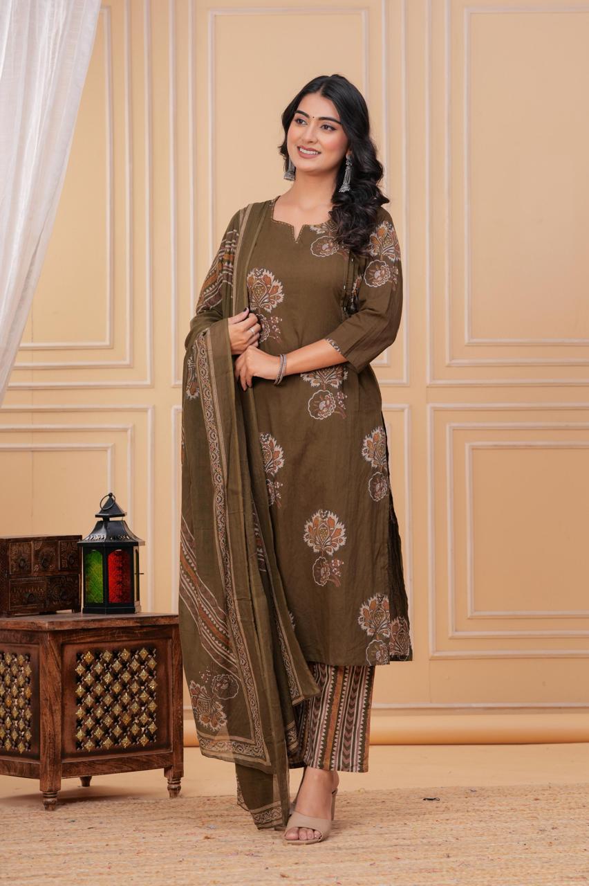 Elegant Olive Green Embroidered Three-Piece Suit