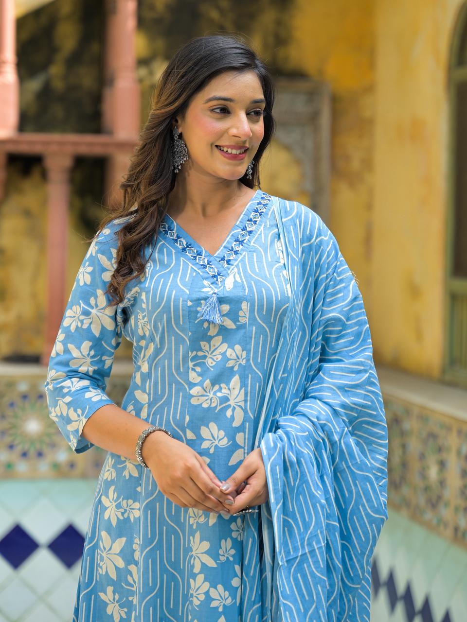 Blue Floral Printed Three-Piece Suit