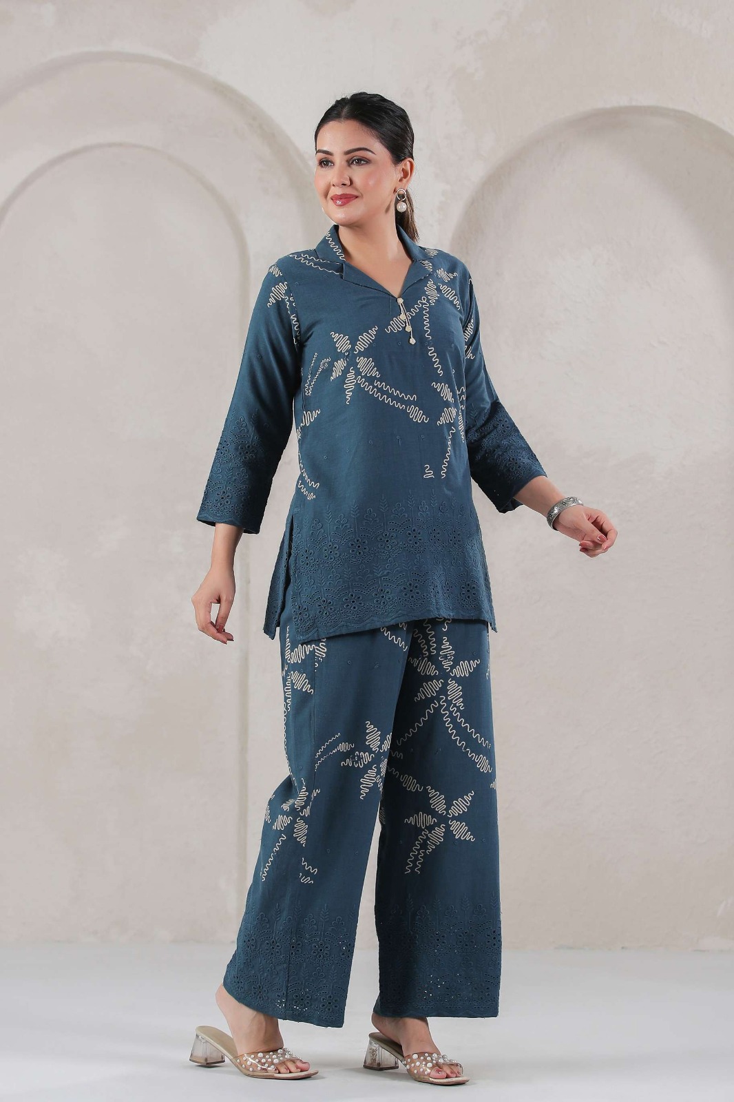 Embroidered Blue Two-Piece Outfit