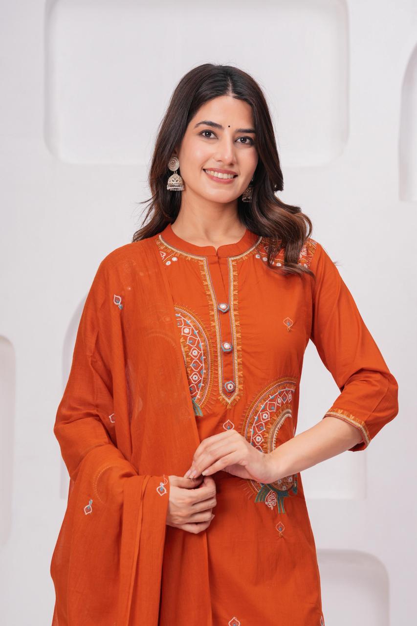Embroidered Orange Kurta Set