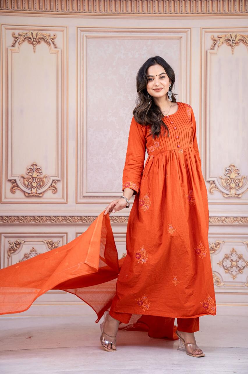 Elegant Orange Embroidered Maxi Dress