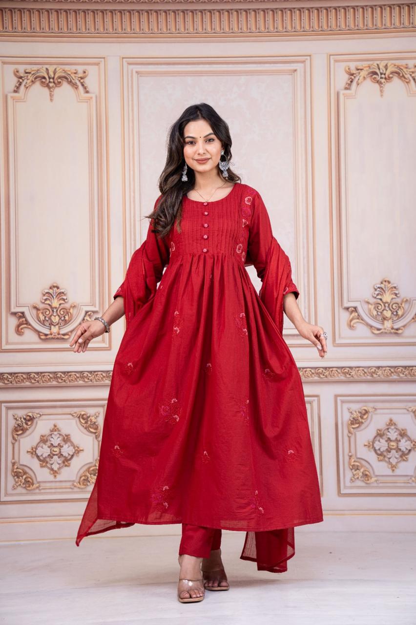 Elegant Red Embroidered Kurti Set