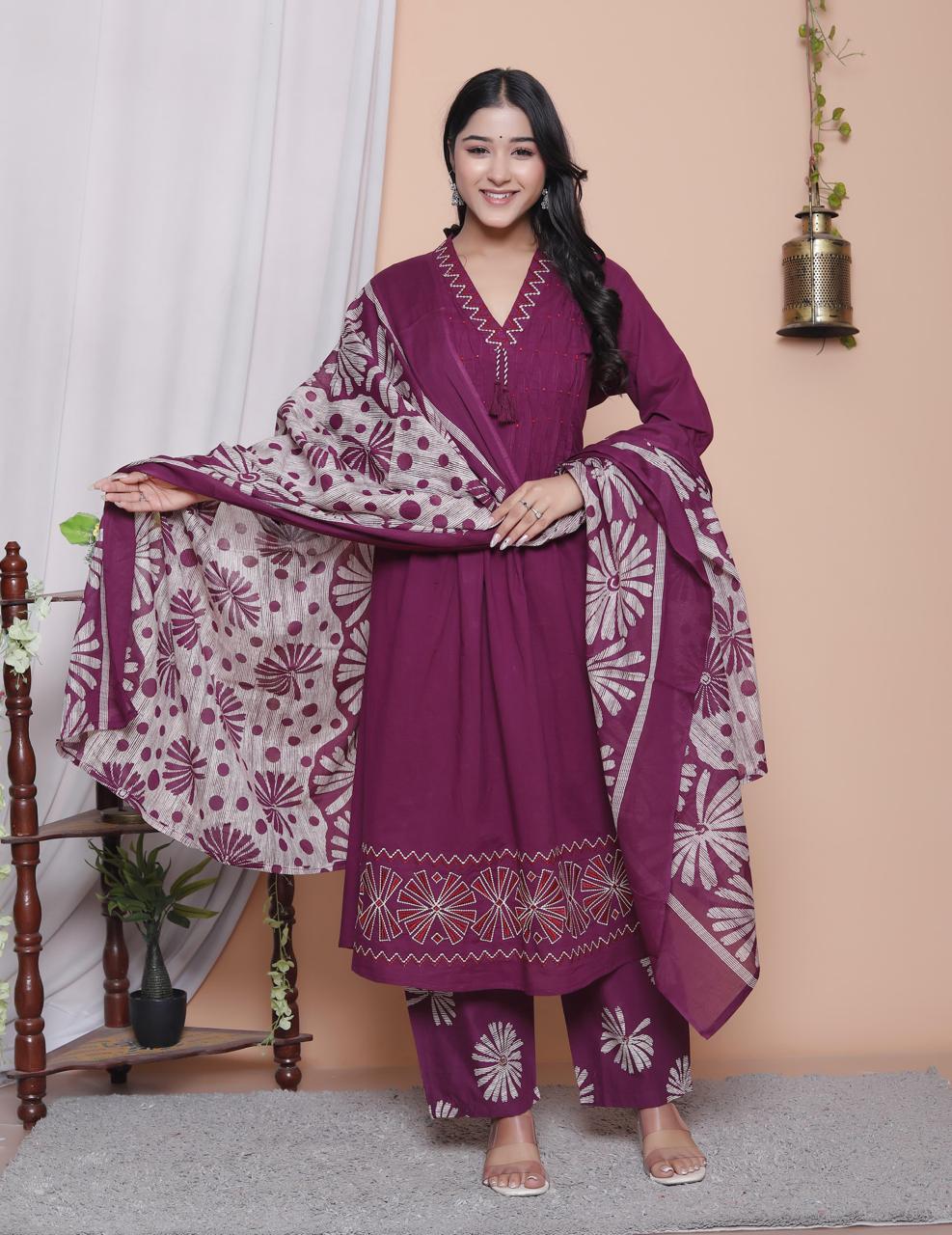 Purple Floral Printed Three-Piece Suit