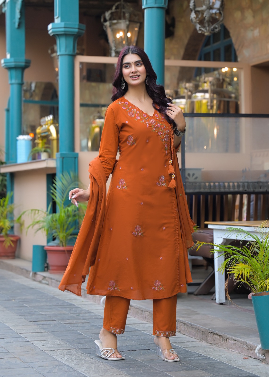 Embroidered Rust Kurta Set