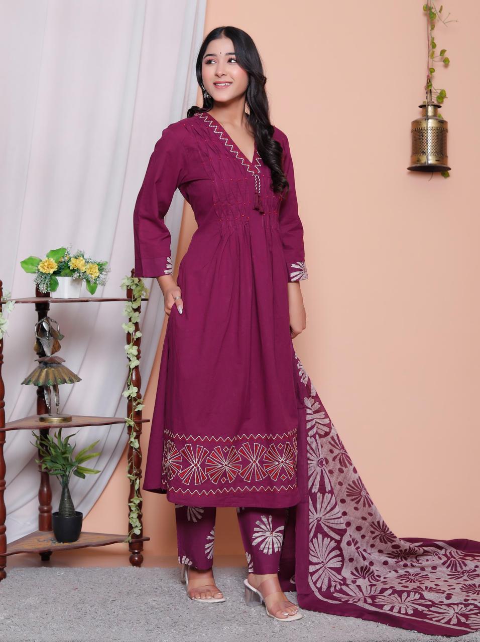 Purple Floral Printed Three-Piece Suit