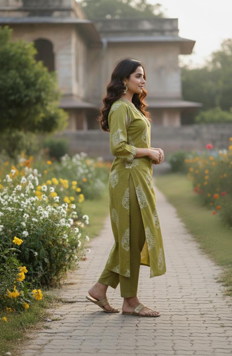 Green Printed Cotton Suit Set
