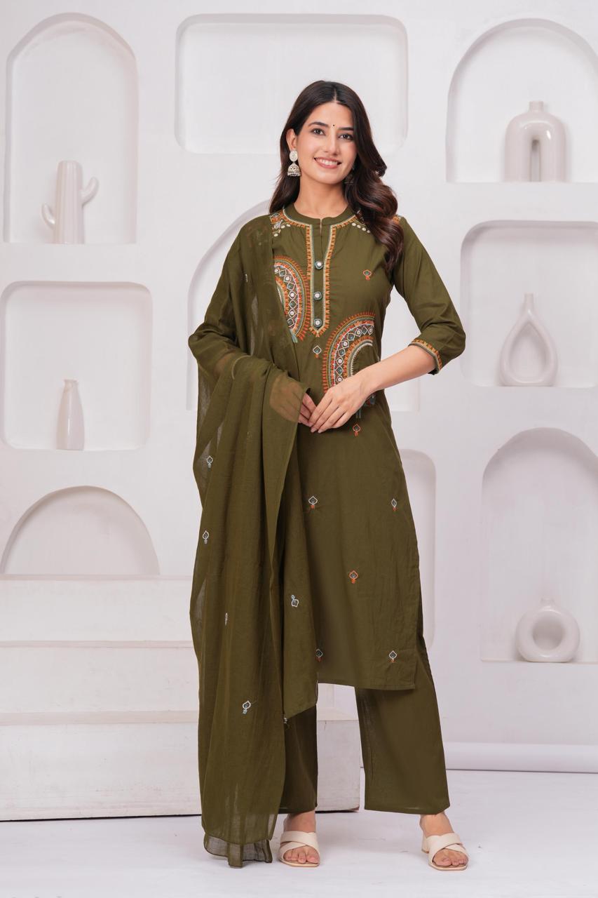 Olive Green Embroidered Three-Piece Suit