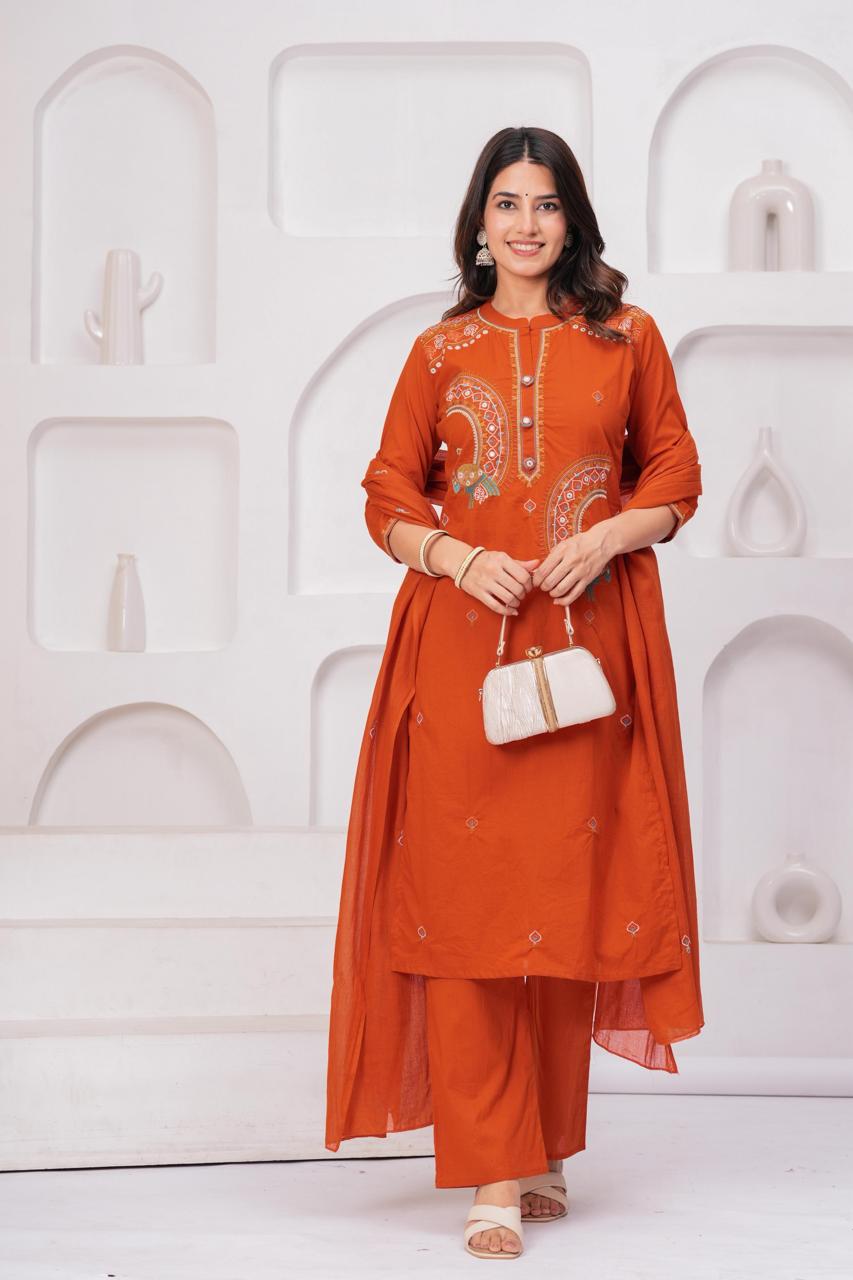 Embroidered Orange Kurta Set