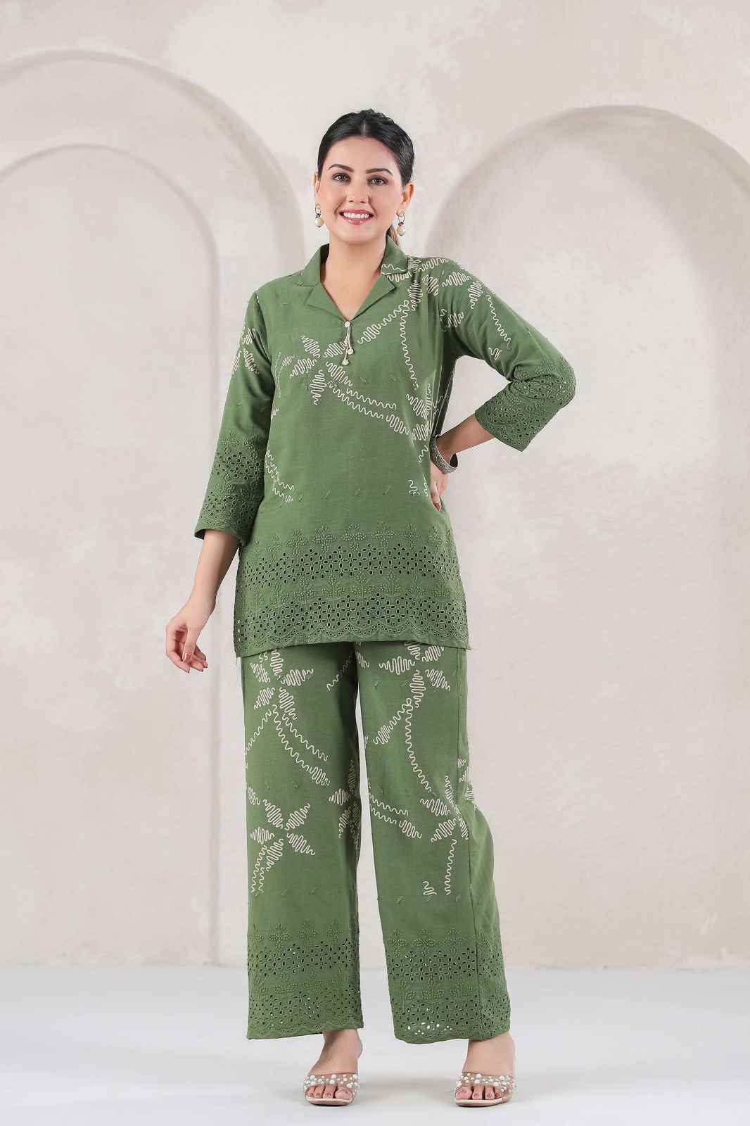 Green Embroidered Two-Piece Suit