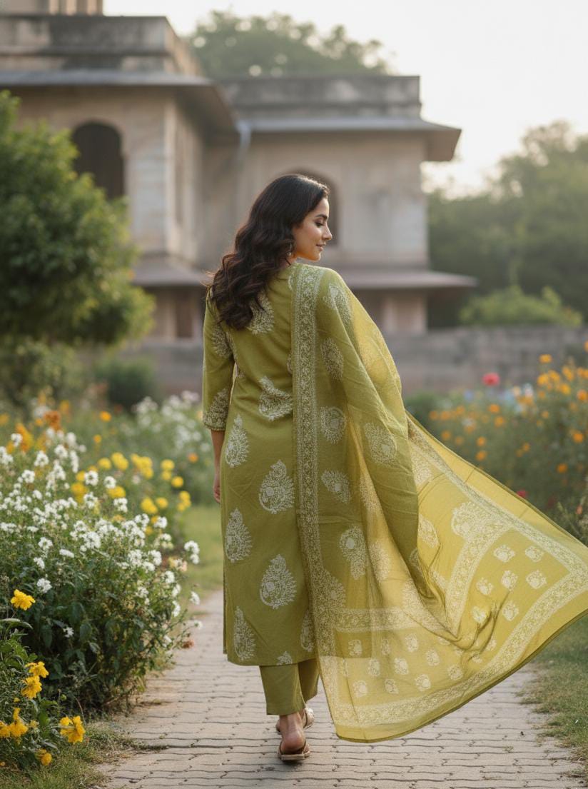 Green Printed Cotton Suit Set