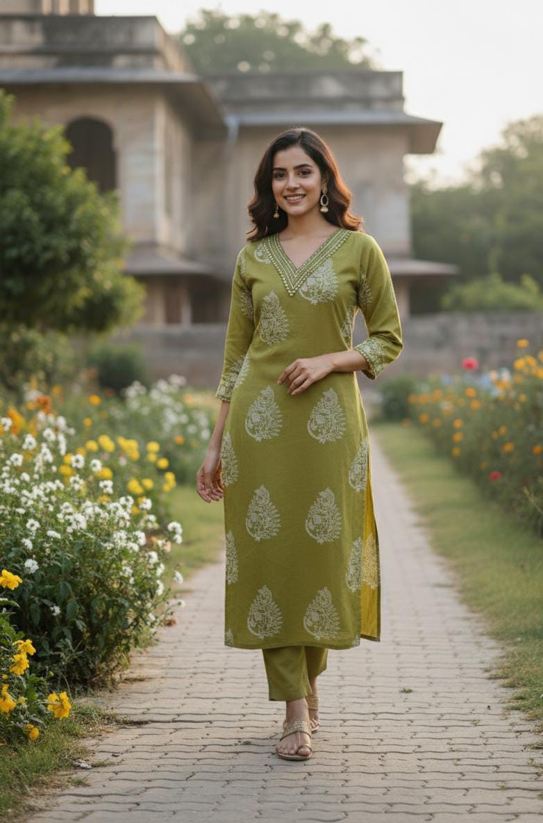 Green Printed Cotton Suit Set
