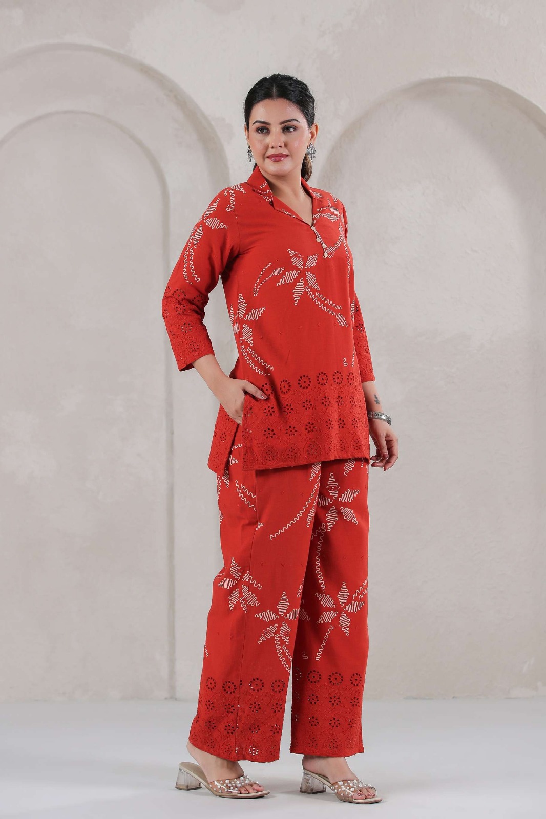 Red Printed Two-Piece Outfit