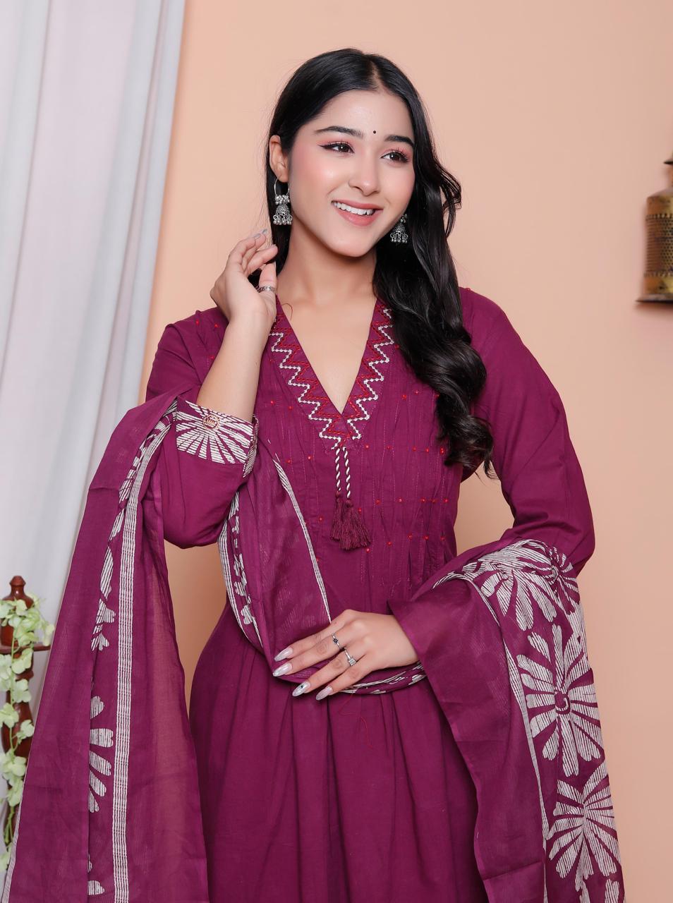 Purple Floral Printed Three-Piece Suit