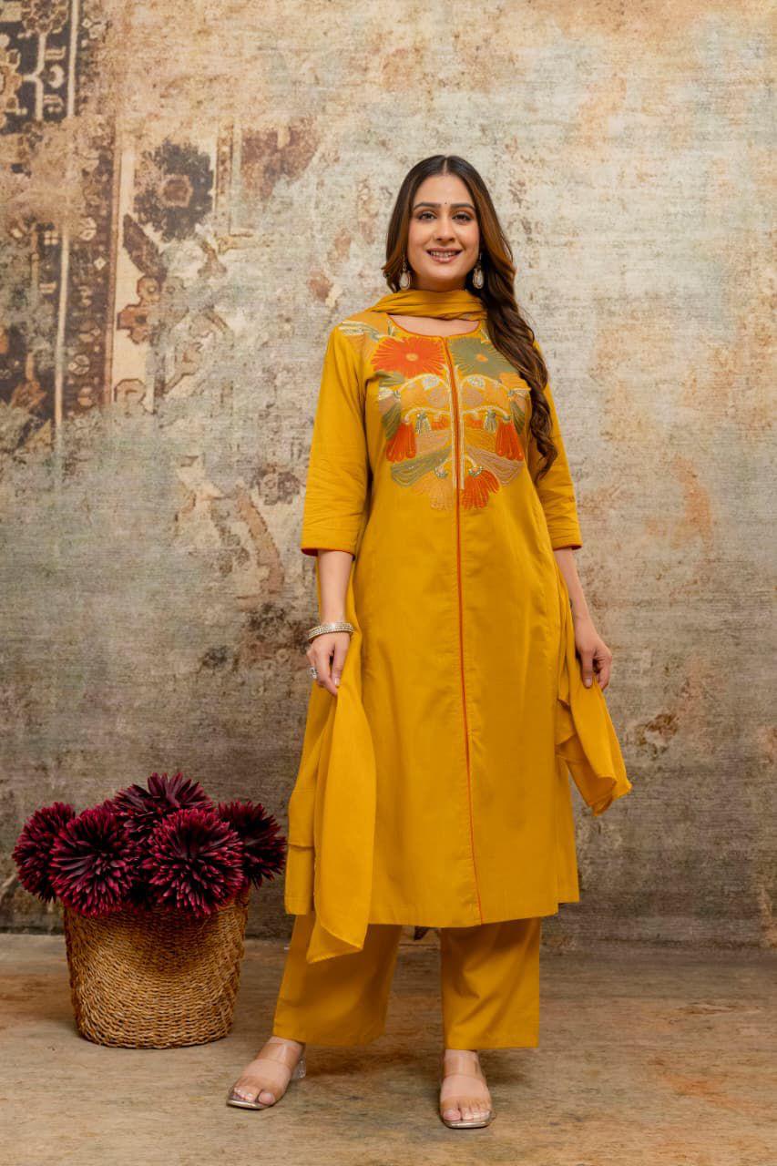 Mustard Yellow Embroidered Kurta Set