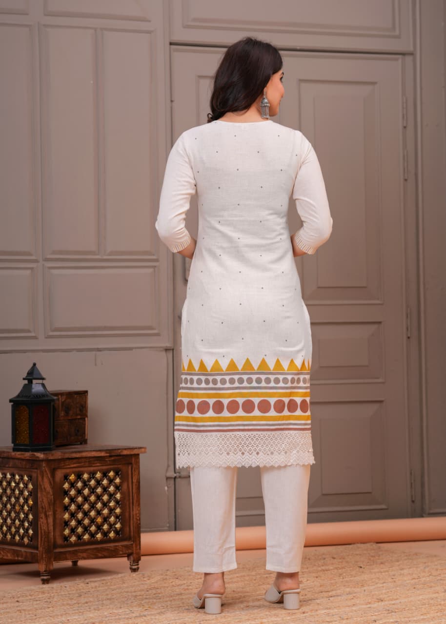 White and yellow printed three-piece suit