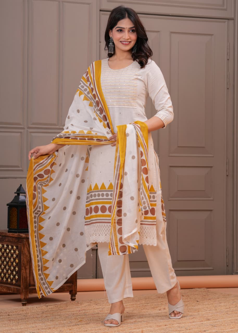White and yellow printed three-piece suit