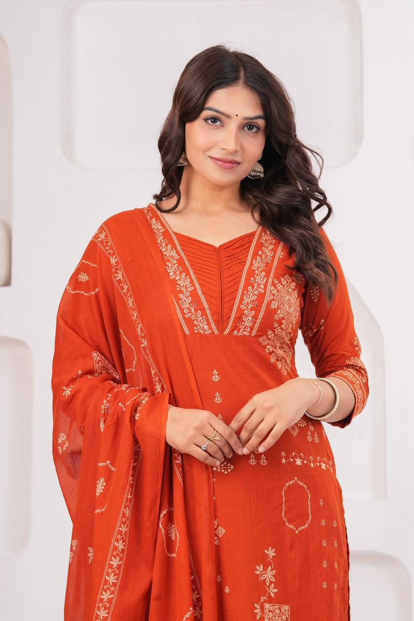 Elegant Orange Printed Kurta Set