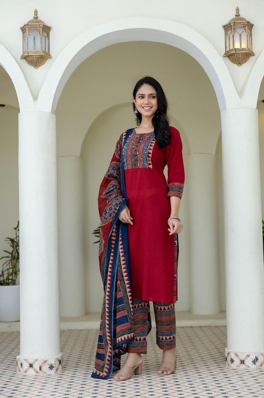 Red Printed Cotton Suit