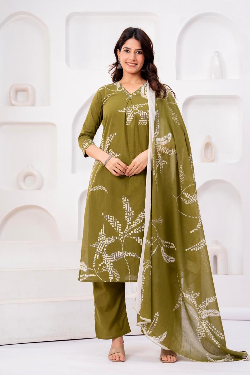 Olive Green Printed Salwar Suit