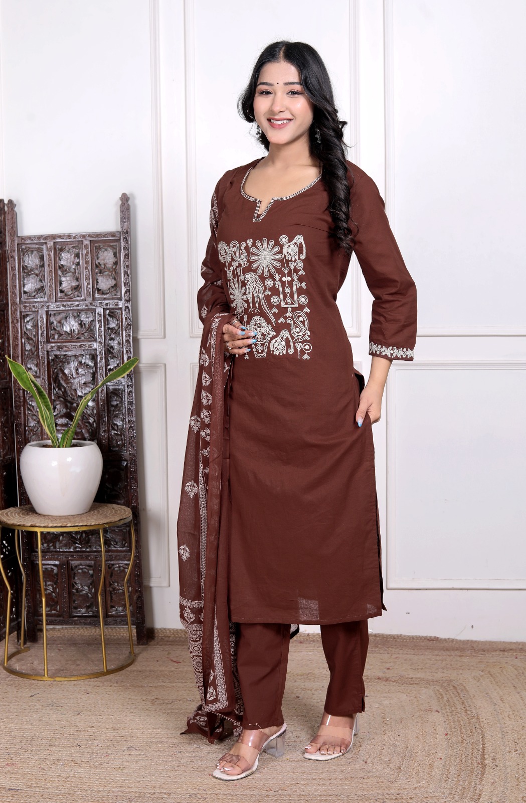 Brown Embroidered Three-Piece Suit