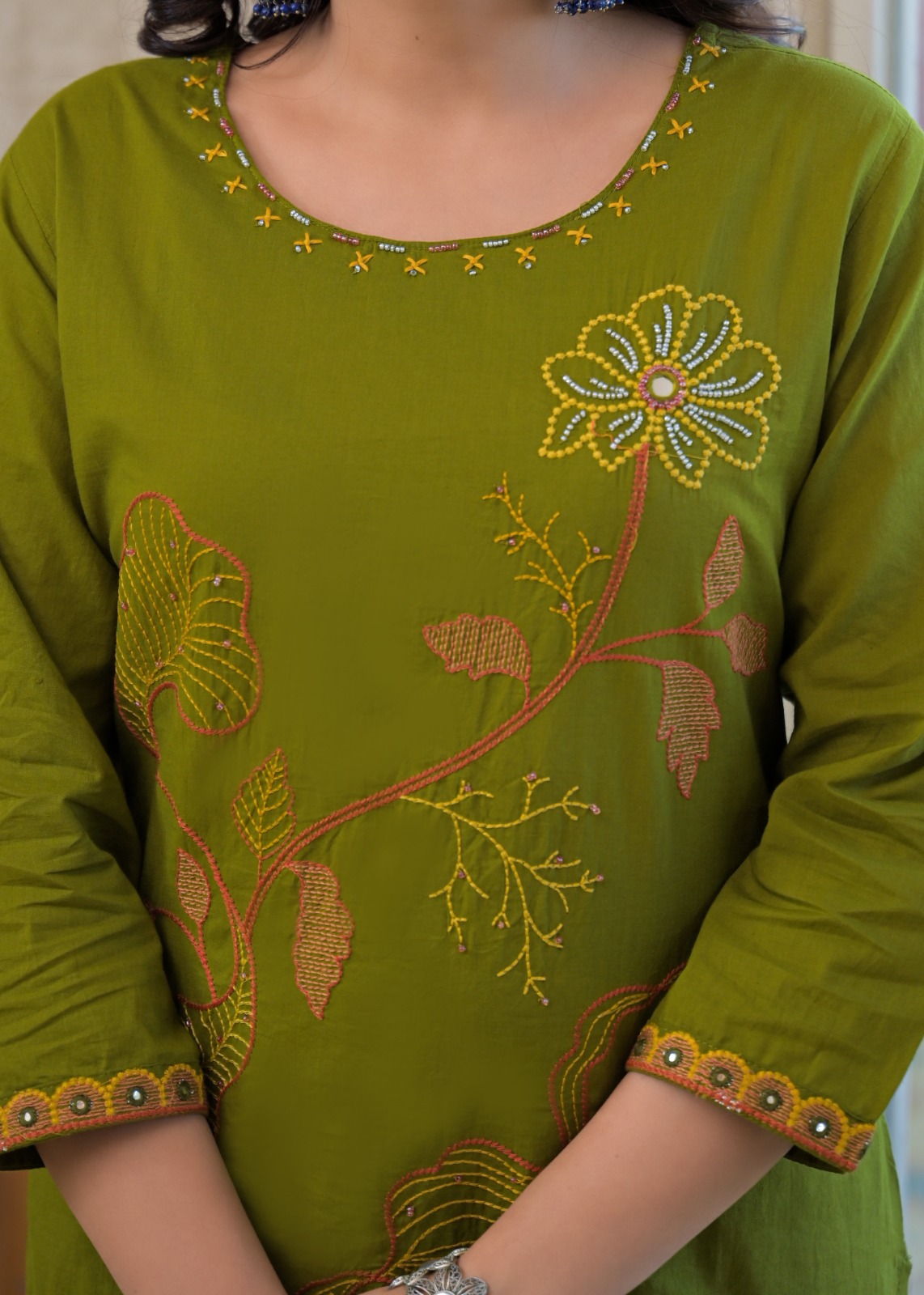Olive Green Floral Embroidered Suit