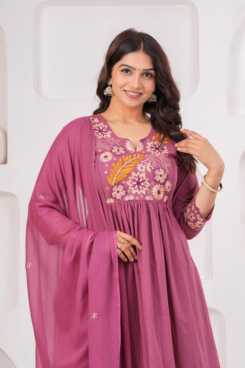 Embroidered three-piece ethnic suit