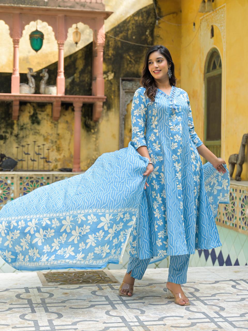 Blue Floral Printed Three-Piece Suit