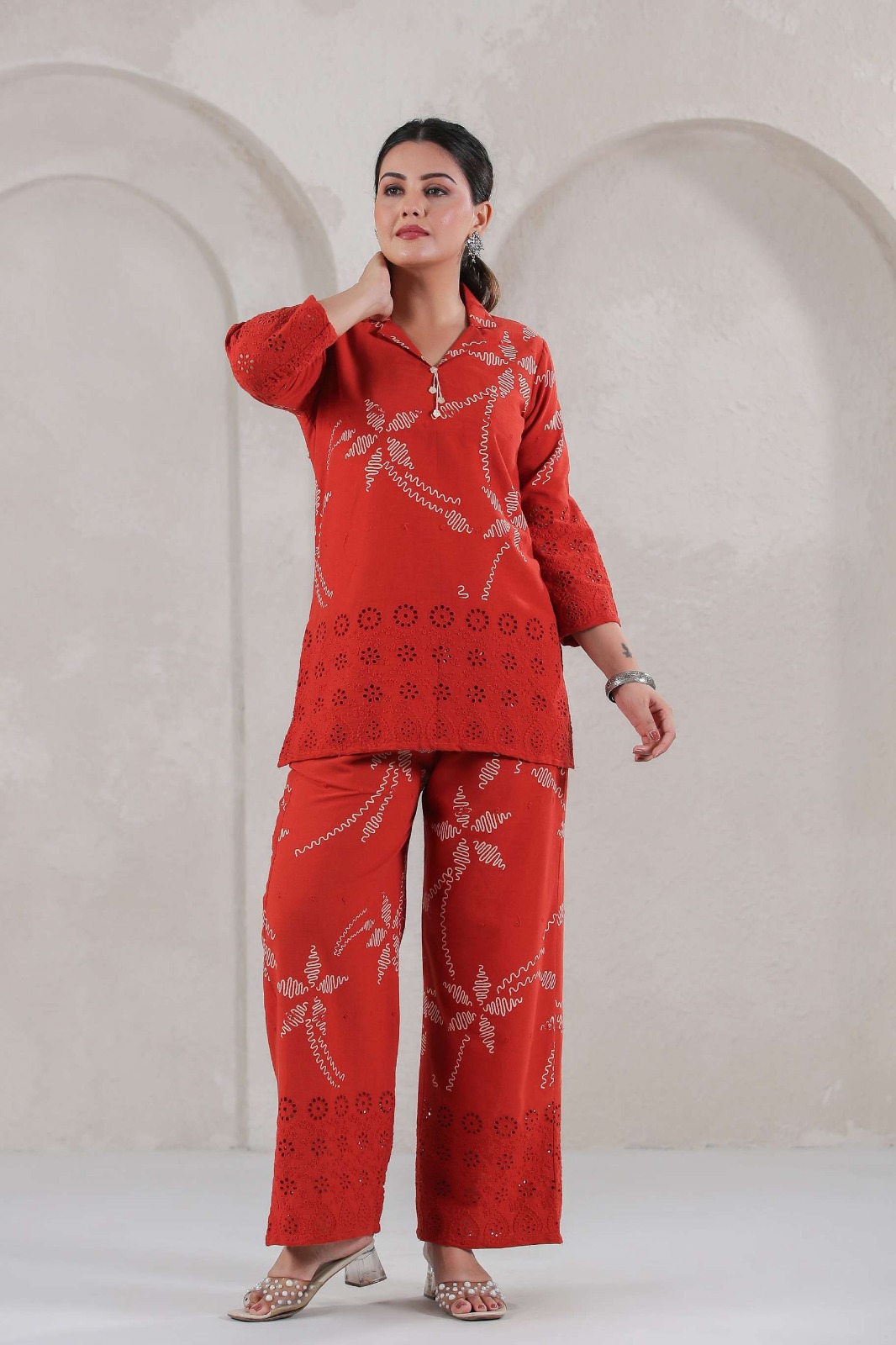 Red Printed Two-Piece Outfit