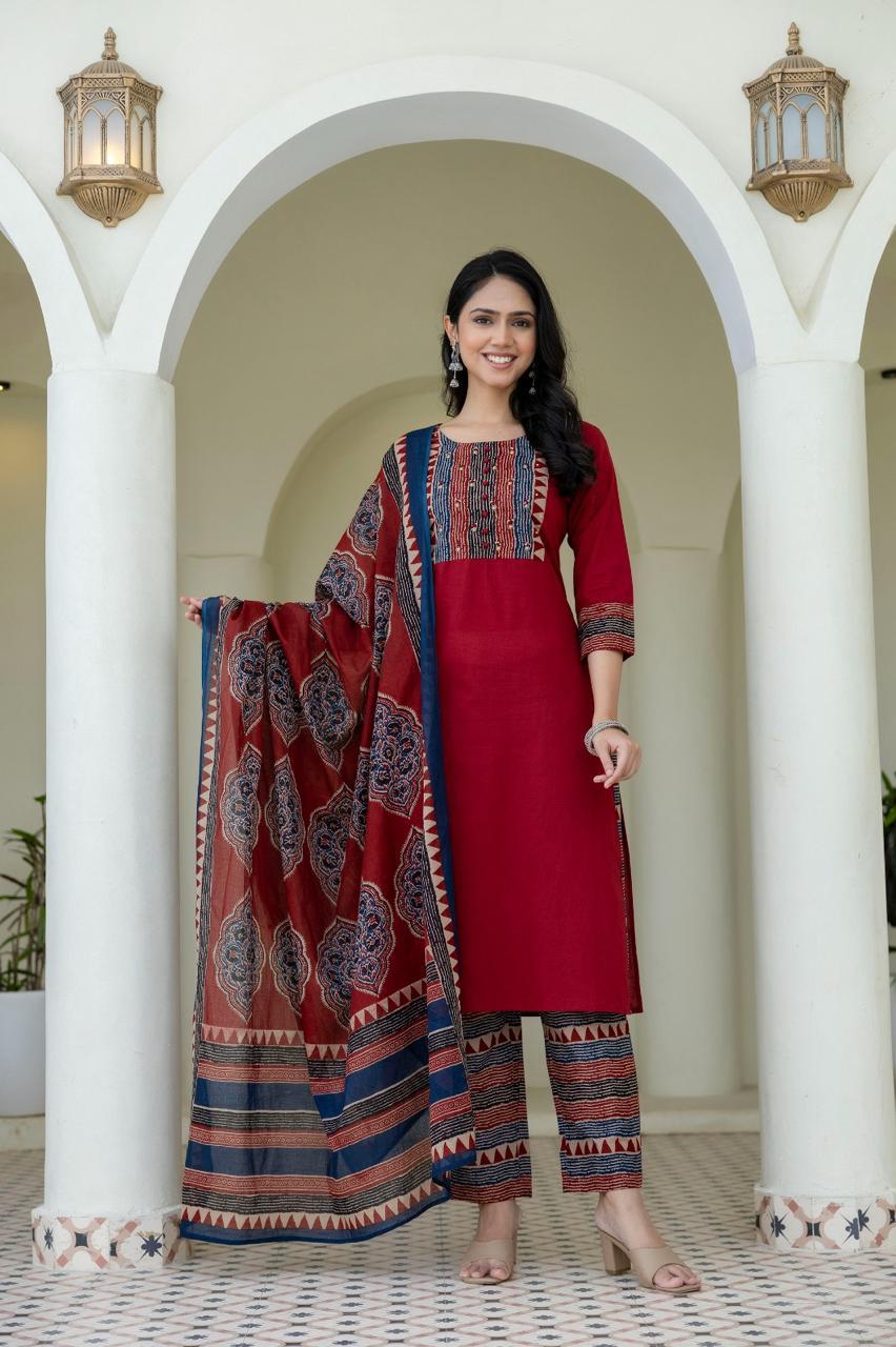 Red Printed Cotton Suit