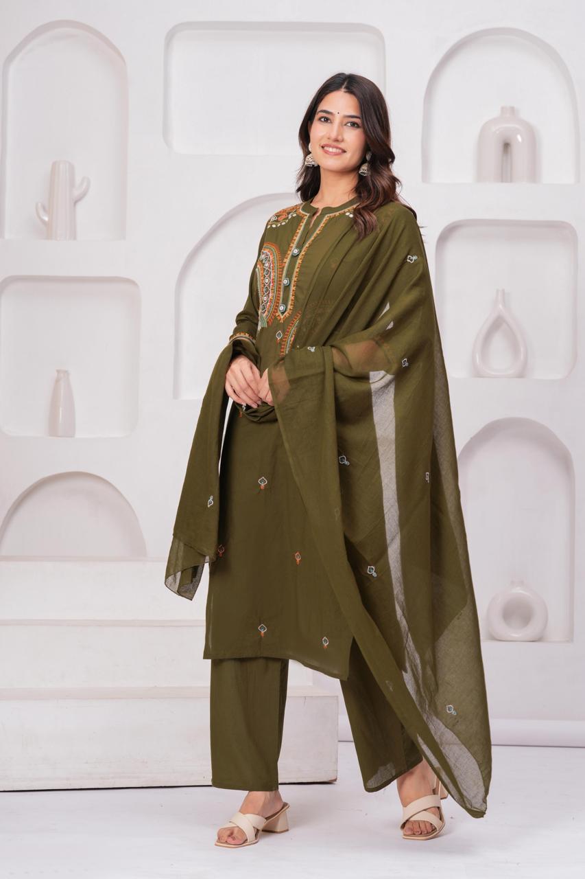 Olive Green Embroidered Three-Piece Suit