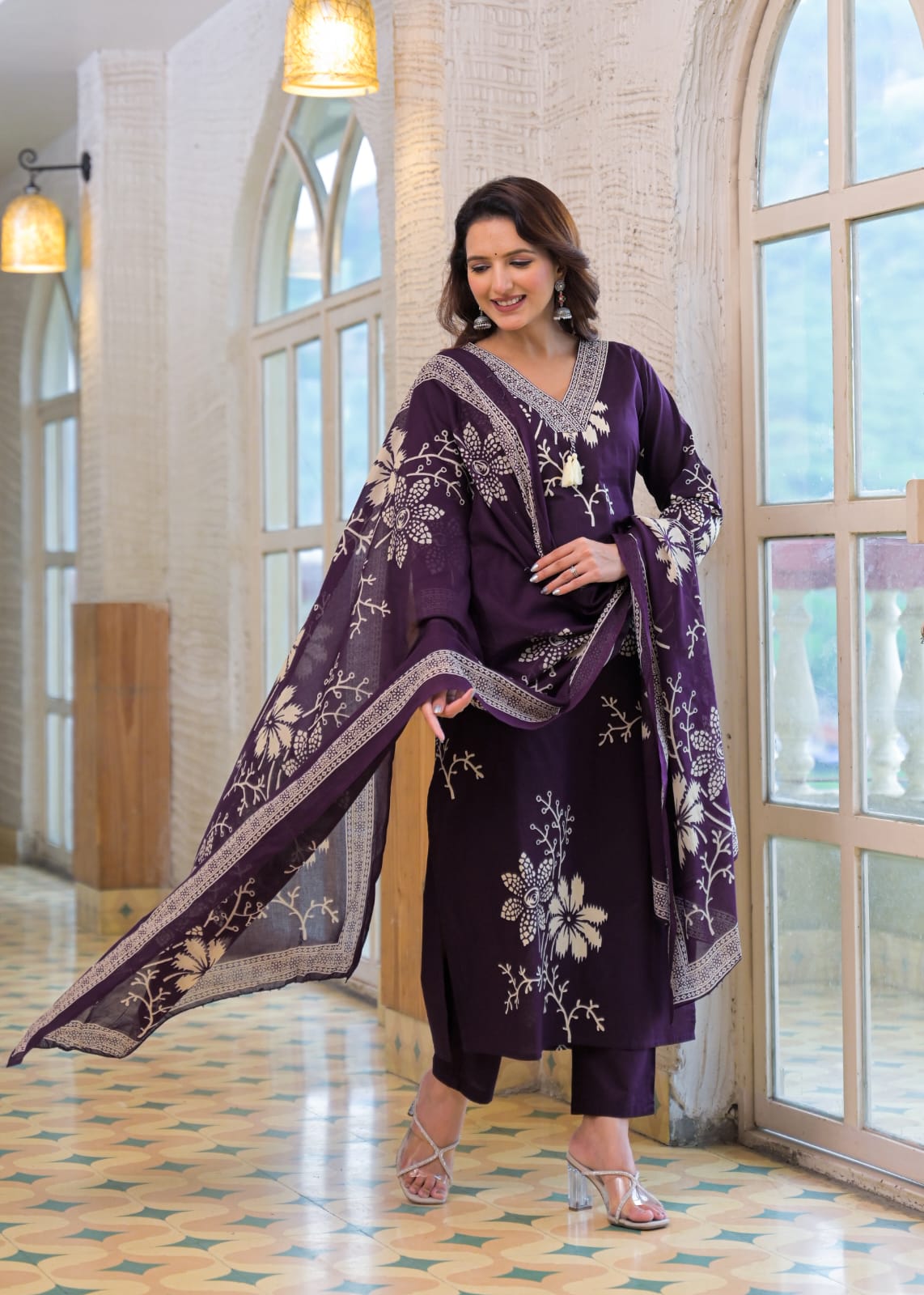 Elegant Purple Floral Embroidered Suit