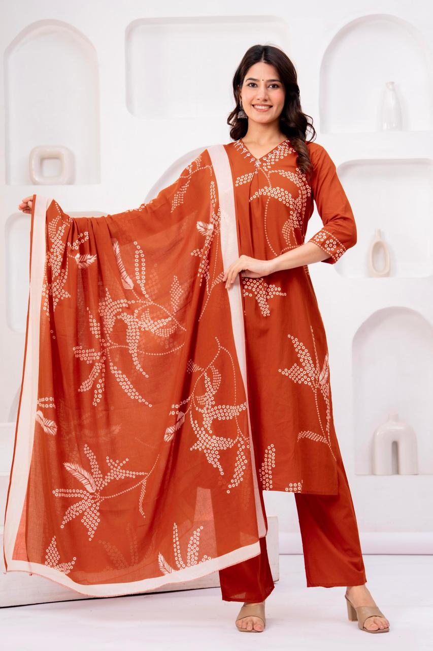 Rust Printed Three-Piece Suit