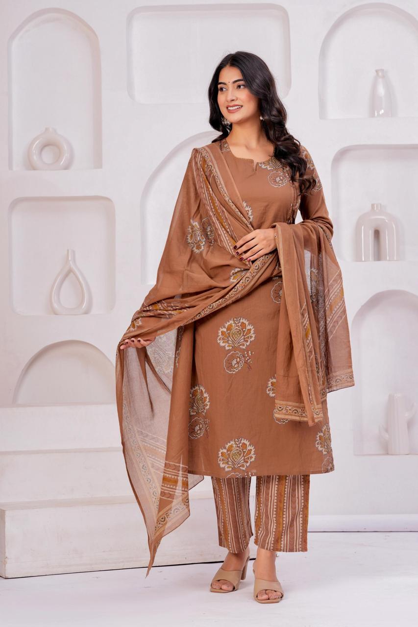 Brown Floral Embroidered Three-Piece Suit