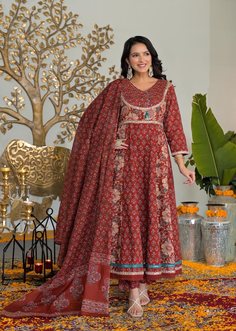 Traditional Red Floral Embroidered Dress
