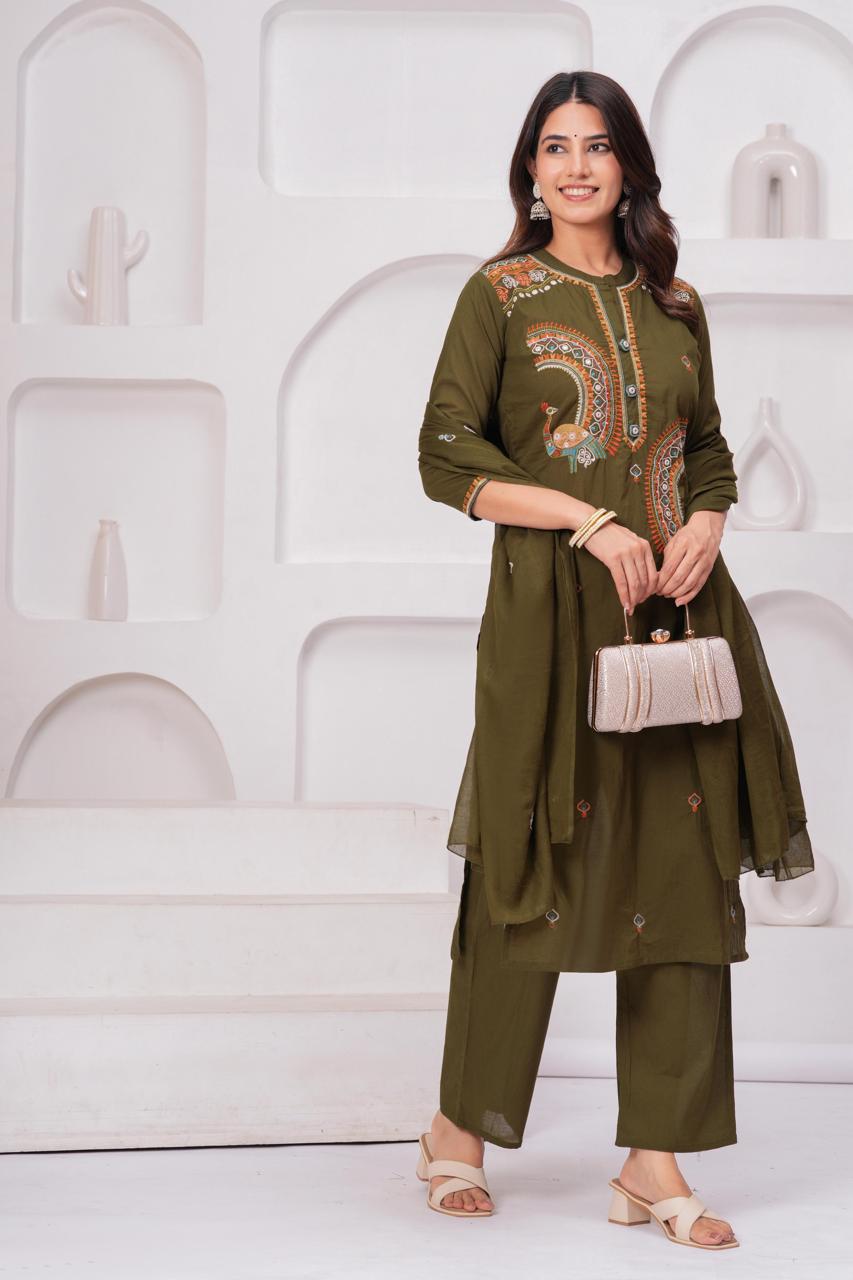Olive Green Embroidered Three-Piece Suit