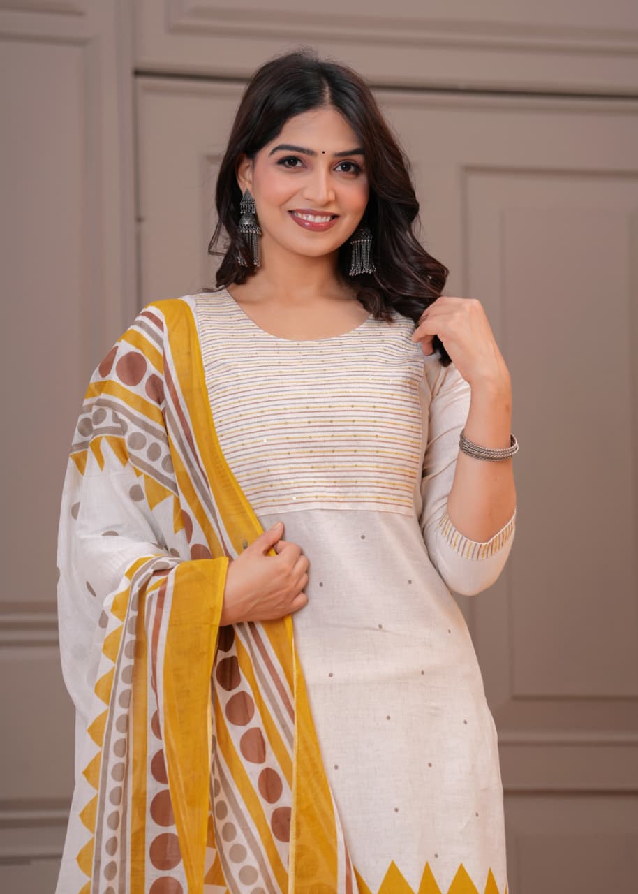 White and yellow printed three-piece suit