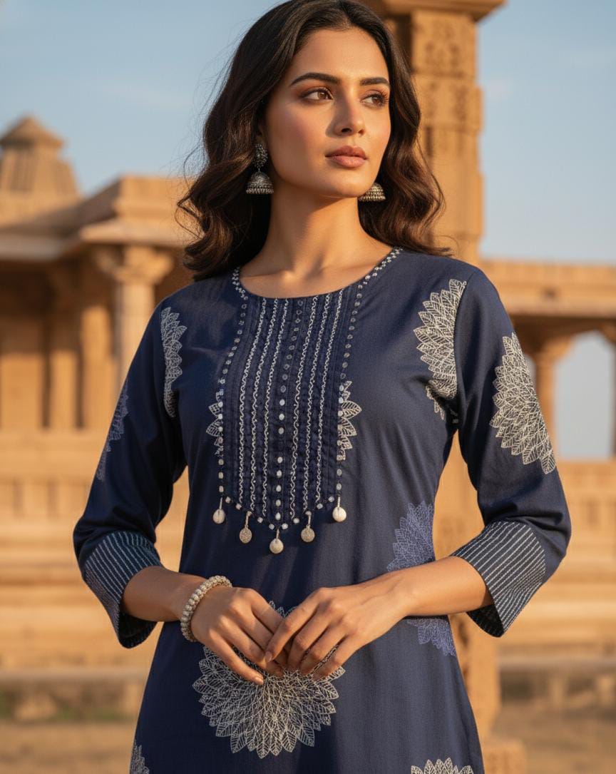 Navy Blue Embroidered Kurta Set